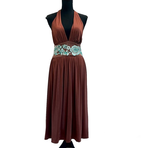 BCBGMAXAZRIA bronze brown teal embroidered beaded flower halter dress - Picture 2 of 16